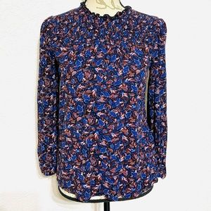 Lucky Brand Boho shirt w/ allover print that gathers, pleats & ruffles at neck
